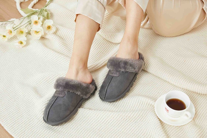 CLPP'LI Womens Slip on Faux Fur Warm Winter Mules Fluffy Suede Comfy Slippers-Grey-7 - Image 5