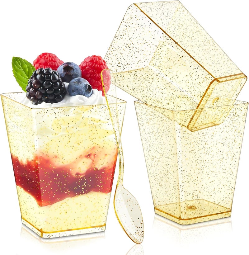 Qeirudu 5 oz Gold Glitter Mini Dessert Cups with Spoons  50 Pack Plastic Parfait Cups Square Dessert Shooter Cups for Party Serving Pudding Cheesecake Mousse Jello - Image 1