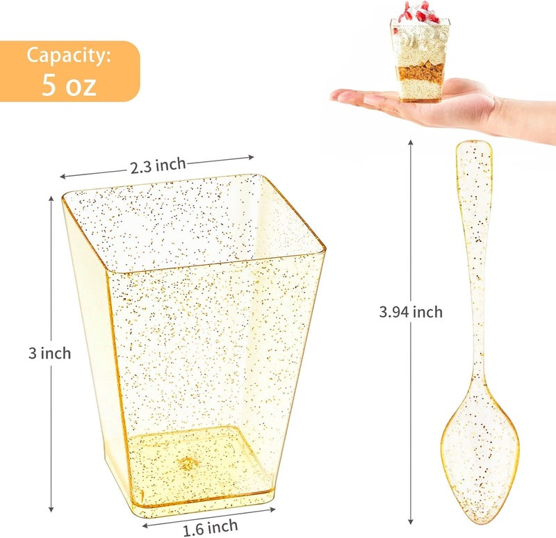 Qeirudu 5 oz Gold Glitter Mini Dessert Cups with Spoons  50 Pack Plastic Parfait Cups Square Dessert Shooter Cups for Party Serving Pudding Cheesecake Mousse Jello - Image 2