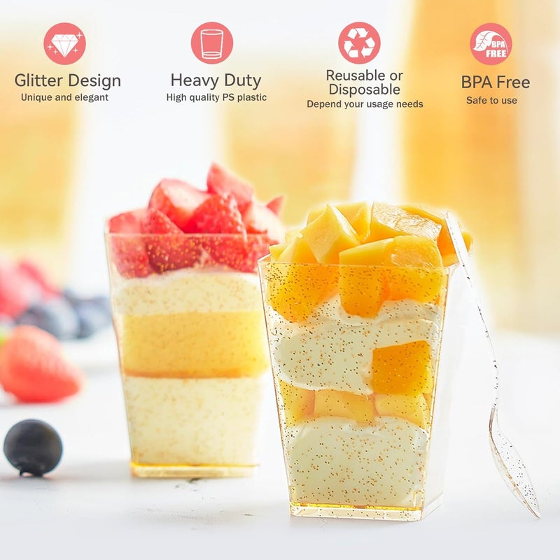 Qeirudu 5 oz Gold Glitter Mini Dessert Cups with Spoons  50 Pack Plastic Parfait Cups Square Dessert Shooter Cups for Party Serving Pudding Cheesecake Mousse Jello - Image 5