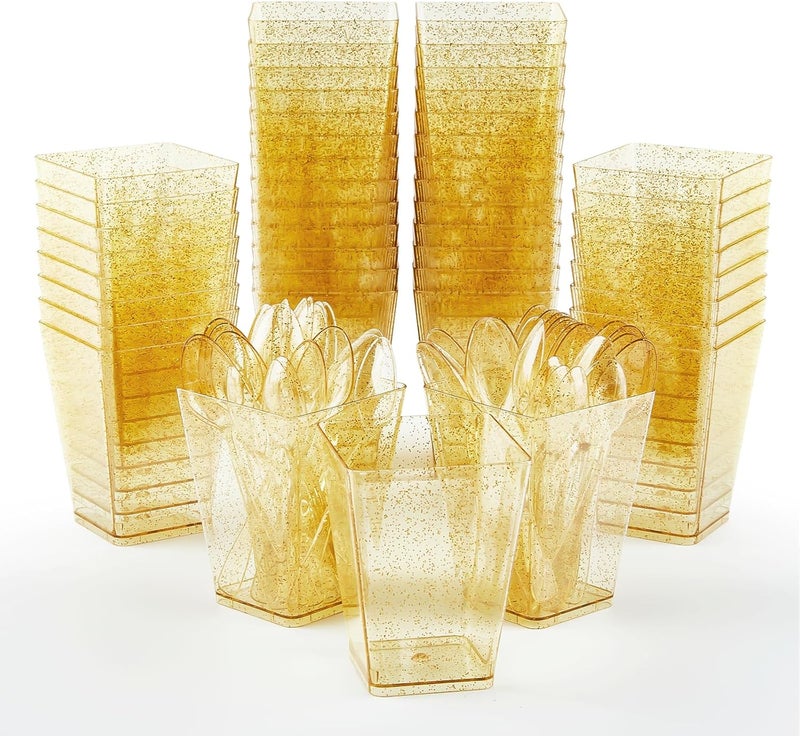 Qeirudu 5 oz Gold Glitter Mini Dessert Cups with Spoons  50 Pack Plastic Parfait Cups Square Dessert Shooter Cups for Party Serving Pudding Cheesecake Mousse Jello - Image 3