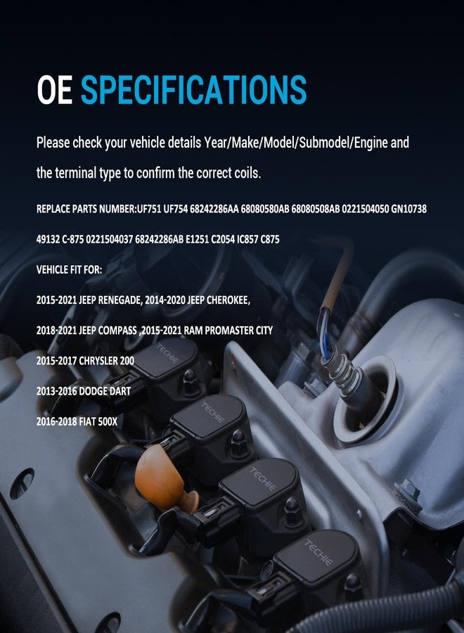 تيكي مجموعة ملفات إشعال TECHIE مكونة من 4 قطع، طراز UF754، بديلة لمحرك L4 سعة 2.4 لتر، لسيارات جيب رينيجيد، شيروكي، كومباس، رام برو ماستر (موديلات 2015-2021)، دودج دارت (موديلات 2013-2016)، فيات 500X (موديلات 2016-2018)، بديلة لرقم UF751 وUF754. - Image 2