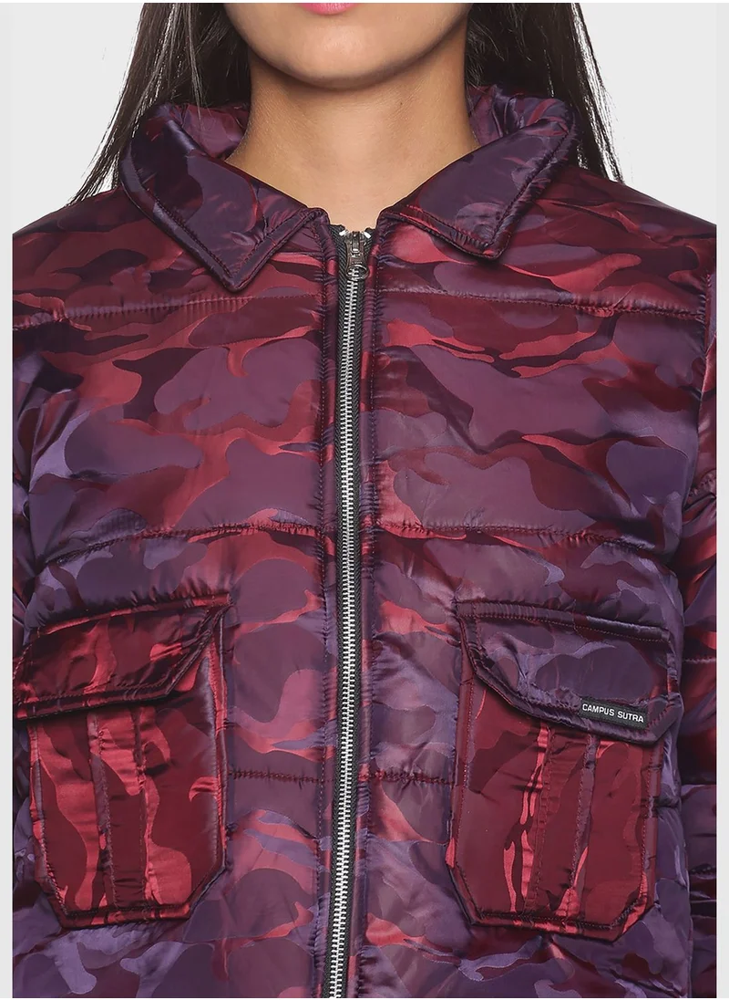 Campus Sutra Army Print Quilted Jacket