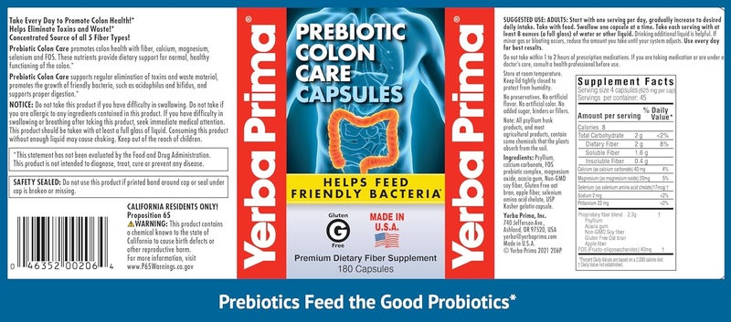 Yerba Prima Prebiotics Colon Care Fiber Caps 180 Capsules  Five Forms of Fiber Plus FOS Prebiotics  Dietary Health Supplement  Healthy Soluble  Insoluble Fibers for Regularity - Image 5