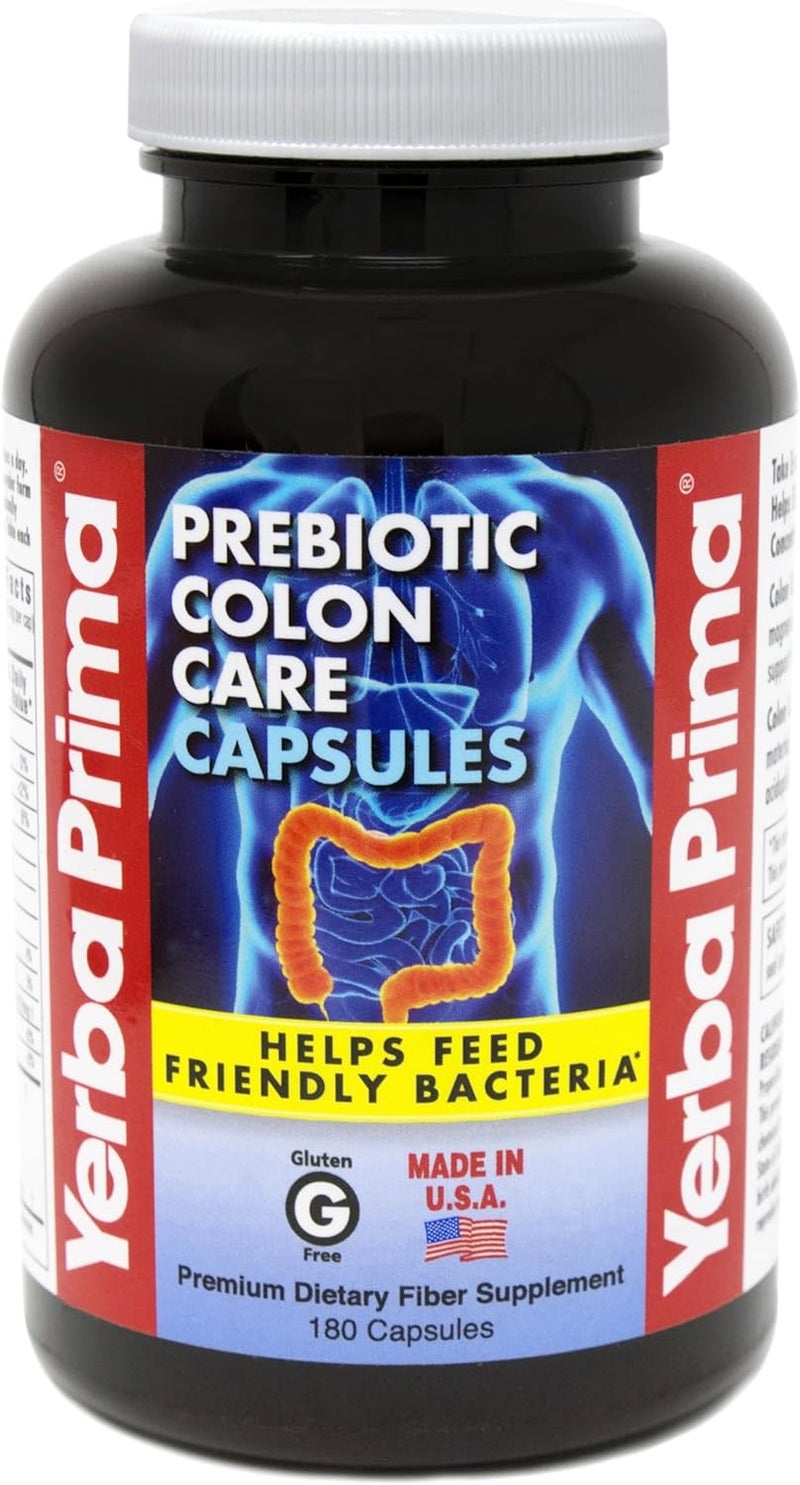 Yerba Prima Prebiotics Colon Care Fiber Caps 180 Capsules  Five Forms of Fiber Plus FOS Prebiotics  Dietary Health Supplement  Healthy Soluble  Insoluble Fibers for Regularity - Image 1