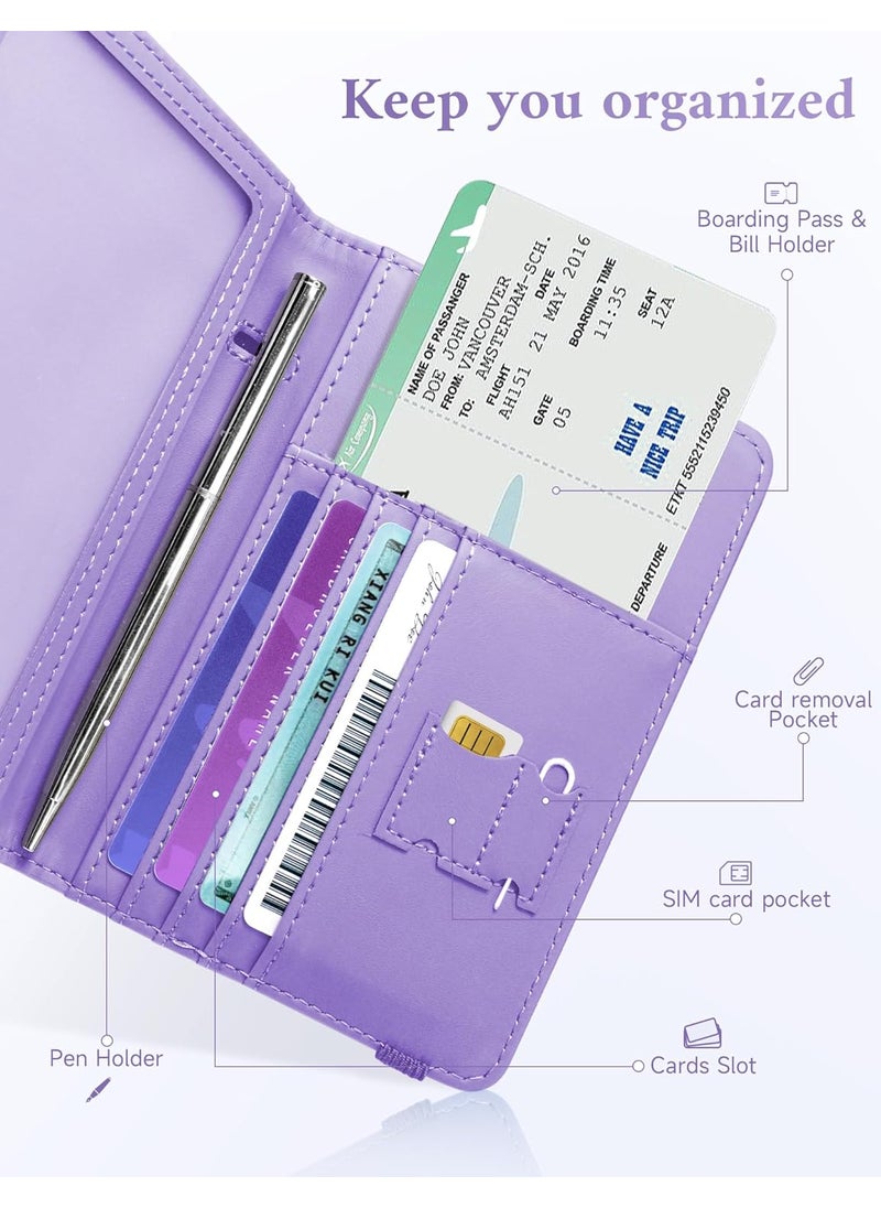 Mymazn Mymazn Passport Holder RFID Blocking Passport Cover Wallet Case with Elastic Strap Faux Leather Passport Card Holder Cute Travel Essentials for Women Men Family Purple  - Image 4