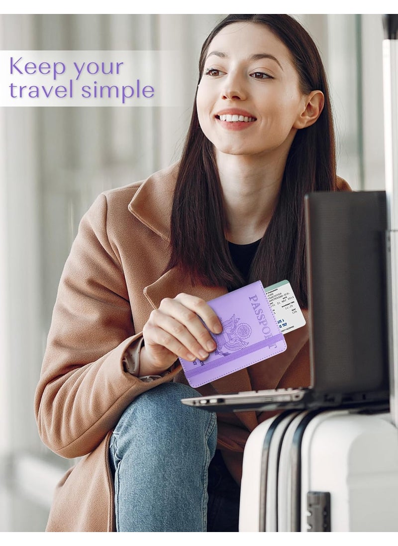 Mymazn Mymazn Passport Holder RFID Blocking Passport Cover Wallet Case with Elastic Strap Faux Leather Passport Card Holder Cute Travel Essentials for Women Men Family Purple  - Image 2