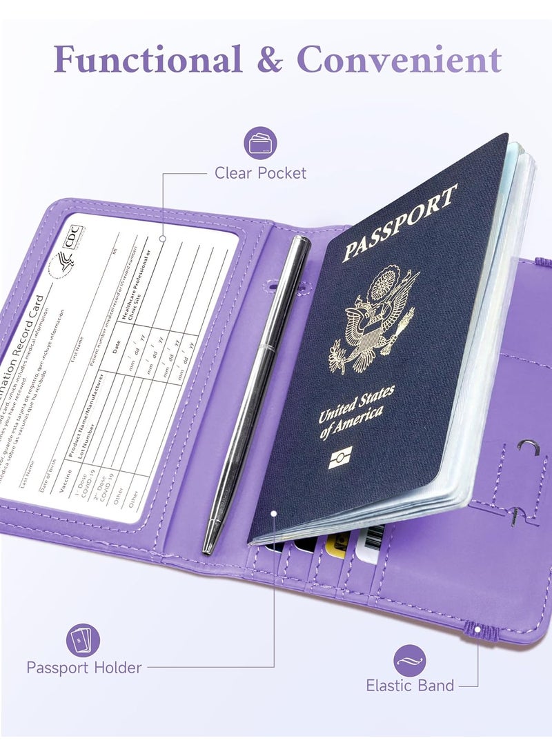 Mymazn Mymazn Passport Holder RFID Blocking Passport Cover Wallet Case with Elastic Strap Faux Leather Passport Card Holder Cute Travel Essentials for Women Men Family Purple  - Image 3