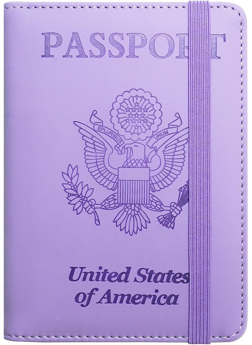 Mymazn Mymazn Passport Holder RFID Blocking Passport Cover Wallet Case with Elastic Strap Faux Leather Passport Card Holder Cute Travel Essentials for Women Men Family Purple  - Image 1