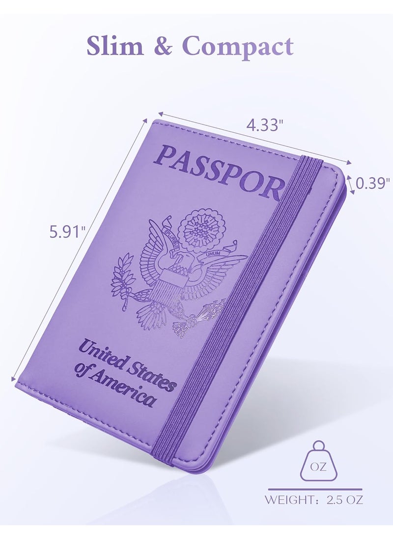 Mymazn Mymazn Passport Holder RFID Blocking Passport Cover Wallet Case with Elastic Strap Faux Leather Passport Card Holder Cute Travel Essentials for Women Men Family Purple  - Image 5