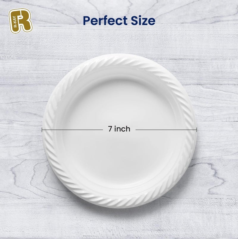 R-kay 100 Pack 7 Inch Plastic Plates Disposable - Heavy Duty White Disposable Plates - Microwavable Disposable Plastic Plates (100  7 Inch) - Image 4