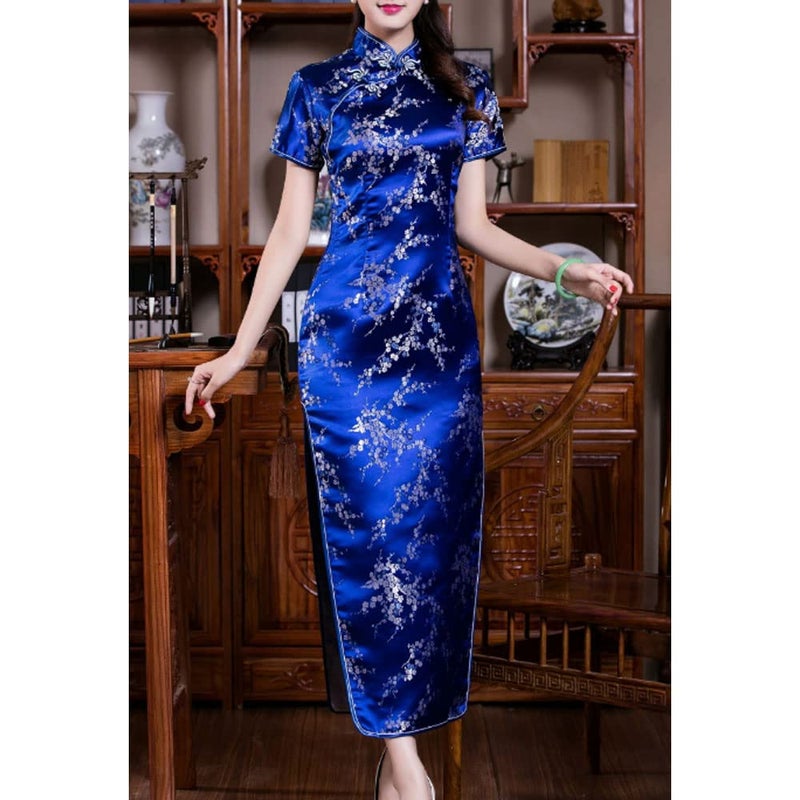 STIOEDYUAN Women Cheongsam Long Dress Evening Short Sleeve Slim Fit Maxi Dress Floral Faux Silk Stand Collar Bodycon Qipao (as1, Alpha, x_l, Regular, Regular, Dark Blue Flower) - Image 4