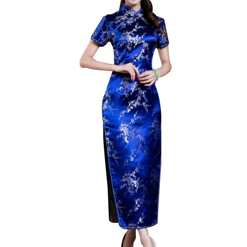 STIOEDYUAN Women Cheongsam Long Dress Evening Short Sleeve Slim Fit Maxi Dress Floral Faux Silk Stand Collar Bodycon Qipao (as1, Alpha, x_l, Regular, Regular, Dark Blue Flower) - Image 1