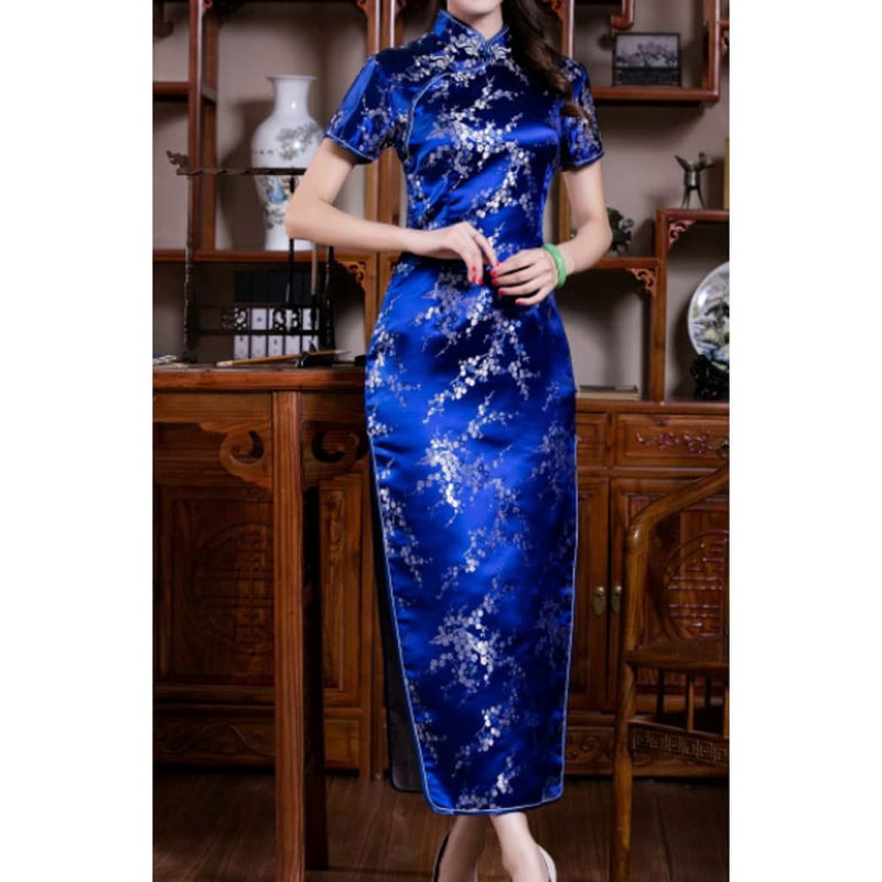 STIOEDYUAN Women Cheongsam Long Dress Evening Short Sleeve Slim Fit Maxi Dress Floral Faux Silk Stand Collar Bodycon Qipao (as1, Alpha, x_l, Regular, Regular, Dark Blue Flower) - Image 3