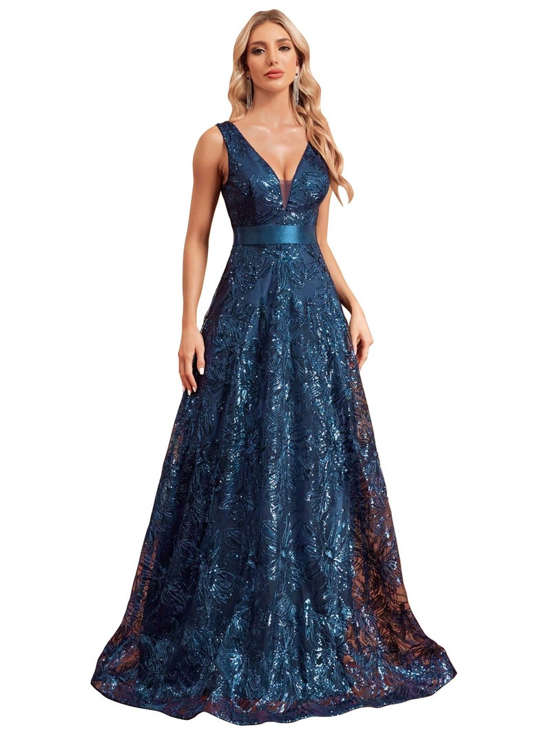 XUIBOL Sleeveless Glitter Sequined Womens Long Formal Gown Aline Prom Dress for Anchorwoman Floor Length Evening Dress Teal XL - Image 1
