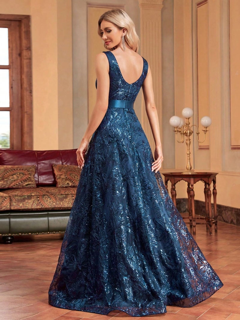 XUIBOL Sleeveless Glitter Sequined Womens Long Formal Gown Aline Prom Dress for Anchorwoman Floor Length Evening Dress Teal XL - Image 2