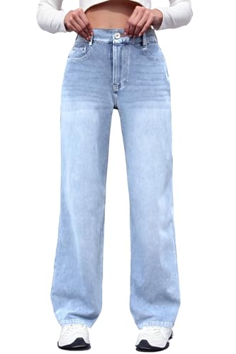 ELLEVEN High Waisted Straight Leg Sweatpant Jeans Woman High Stretchy Pull on Wide Leg Baggy Jeans High Waisted with Elastic Waist Light Blue Medium - Image 1
