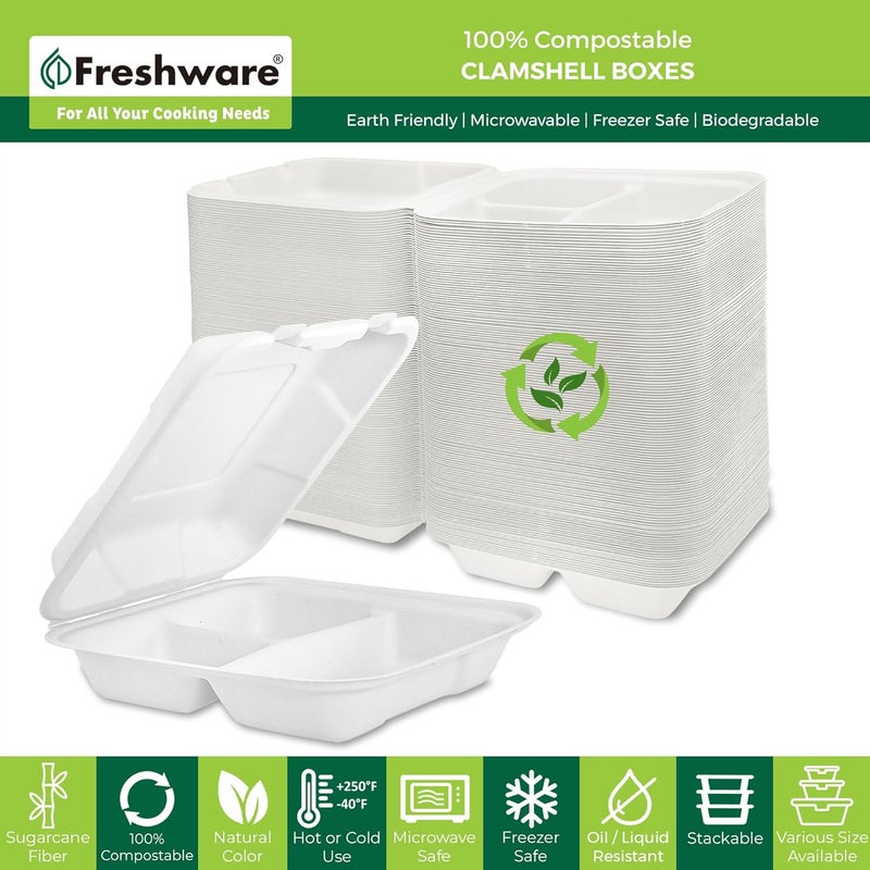 Freshware حاويات طعام قابلة للتحلل من فريش وير 9x9 3 أقسام 50 عبوة حاويات قابلة للتصرف مصنوعة من قصب السكر علب طعام ورقية آمنة للاستخدام في الميكروويف والفريزر وقابلة للتكديس - Image 2