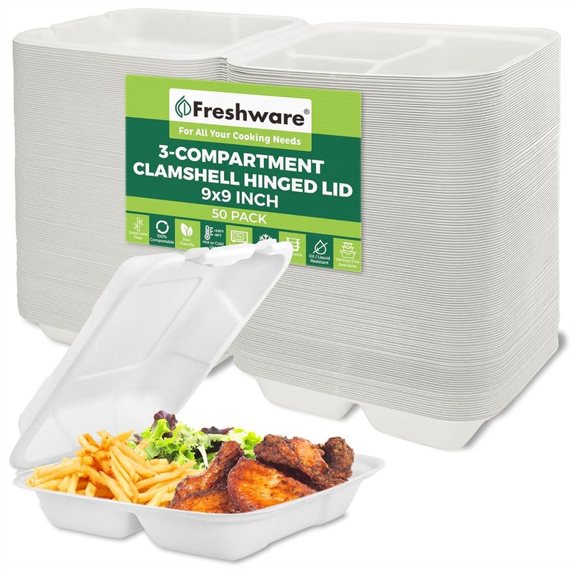 Freshware حاويات طعام قابلة للتحلل من فريش وير 9x9 3 أقسام 50 عبوة حاويات قابلة للتصرف مصنوعة من قصب السكر علب طعام ورقية آمنة للاستخدام في الميكروويف والفريزر وقابلة للتكديس - Image 1