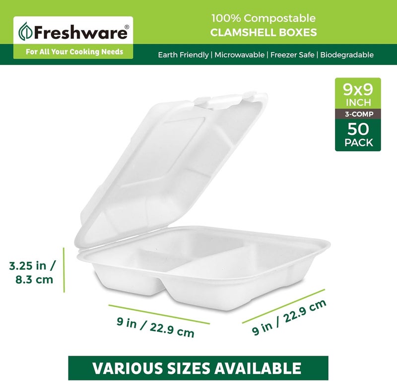 Freshware حاويات طعام قابلة للتحلل من فريش وير 9x9 3 أقسام 50 عبوة حاويات قابلة للتصرف مصنوعة من قصب السكر علب طعام ورقية آمنة للاستخدام في الميكروويف والفريزر وقابلة للتكديس - Image 3