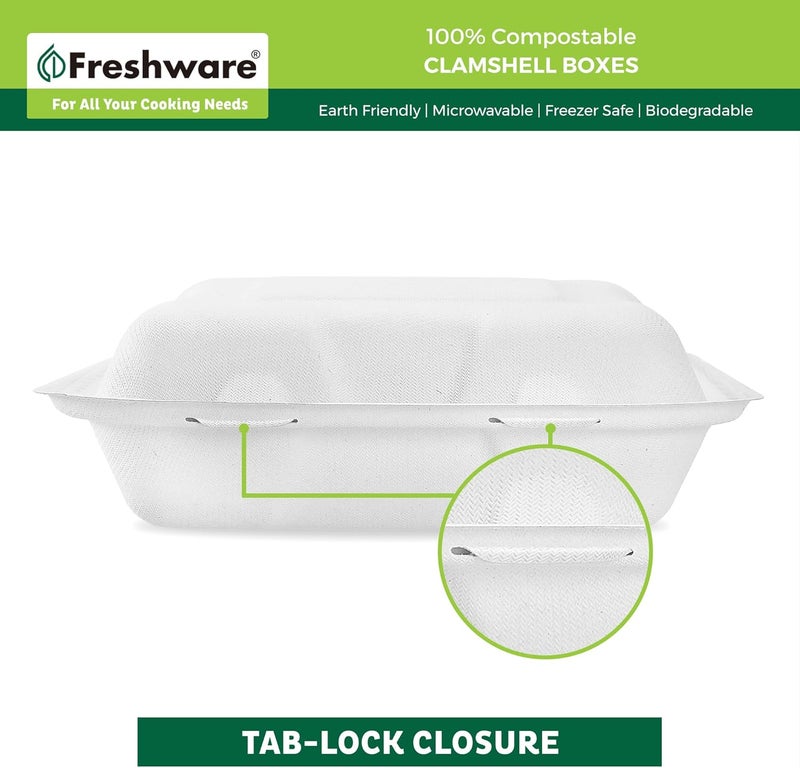 Freshware حاويات طعام قابلة للتحلل من فريش وير 9x9 3 أقسام 50 عبوة حاويات قابلة للتصرف مصنوعة من قصب السكر علب طعام ورقية آمنة للاستخدام في الميكروويف والفريزر وقابلة للتكديس - Image 4