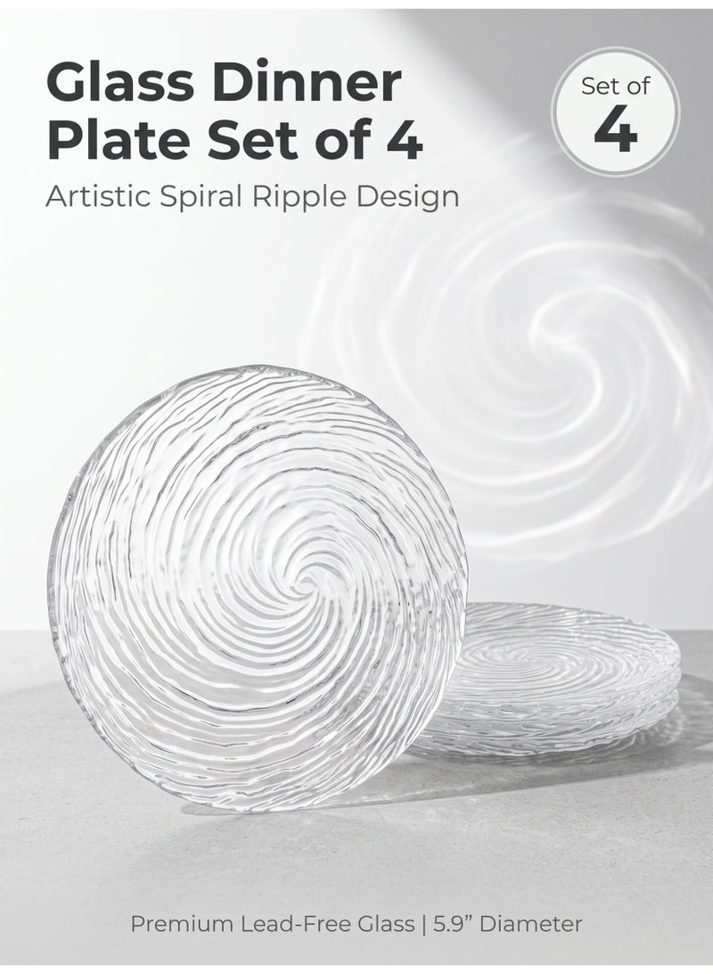 nihao 4-Piece Glass Plates Clear 15*2.2 cm,Lead-free Crystal Glass, Dessert, Salad, Appetizer Plate, Elegant Textured Glass Design, Stackable Plates For Special Occasion, Dishwasher Safe-Cyclone Style - Image 1