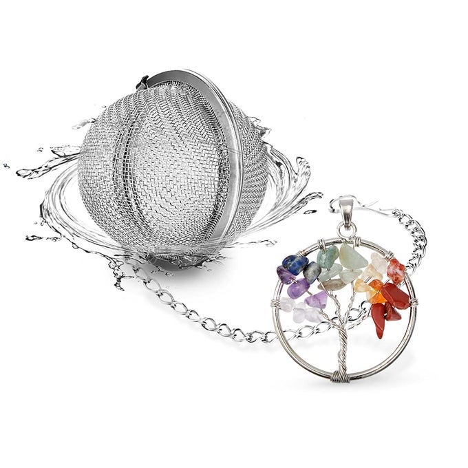 NATURAL HEALING CRYSTALS QUARTZ TREE OF LIFE TEA INFUSER TEA STEEPER FOR LOOSE TEA 7 CHAKRAS GEMSTONE PENDANT 188 STAINLESS STEEL MESH TEA BALL DESIGNED BY