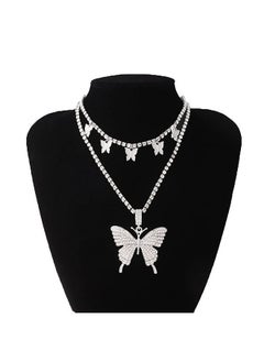 EARENT Layered Rhinestone Butterfly Pendant Necklace Jewelry Silver Sparkly Crystal Prom Choker Necklaces Chain For Women (B-2 Layer Necklace)  - Image 4