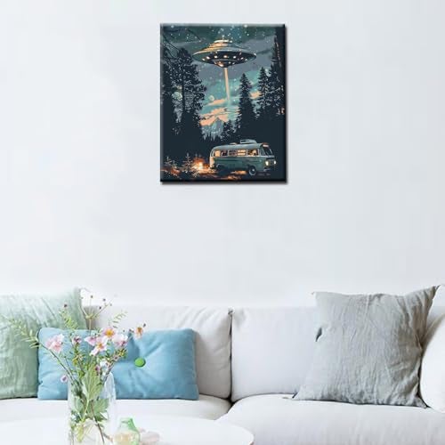 Tucocoo Starry UFO DIY Paint by Numbers for Adults Bus in Forest DIY Oil Painting Acrylic Paint Art Moon Stars Painting Kits Canvas with Acrylic Paint UFO Fantasy Decor 16x20 Inch （Without Frame ） - Image 4