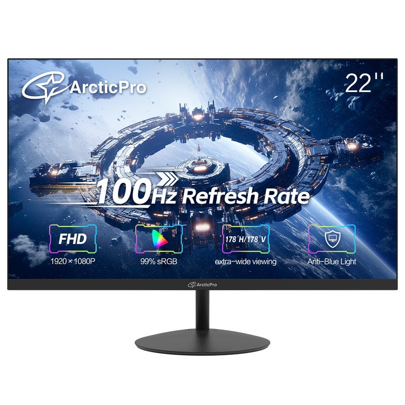 ArcticPro 22 inch 100Hz Monitor, Full HD (1920 x 1080p) Computer Monitor, 105% sRGB, 3000:1 Contrast, 3-Sided Frameless, Ultra Slim, VESA, LowBlue Mode, Tilt Adjust, HDMI *1, VGA*1 - Image 1