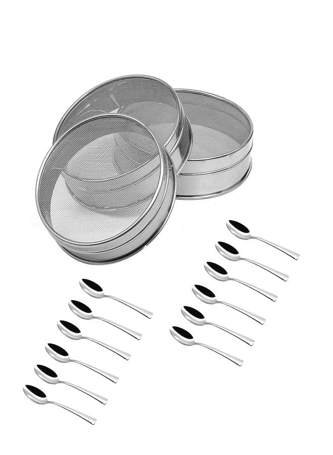 Bartan Star Set of 3 Stainless Steel Flour Chalni,Spices,Food Strainers,Atta Chalni with (12 pcs Stainless Steel Dinner Spoons) - Image 1