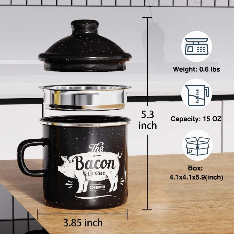 PGYARD Mini Bacon Grease Container With Strainer - 15OZ Enamel Grease Saver, Farmhouse Bacon Grease Keeper For Kitchen Fat Storage, Dishwasher Safe-Black - Image 2