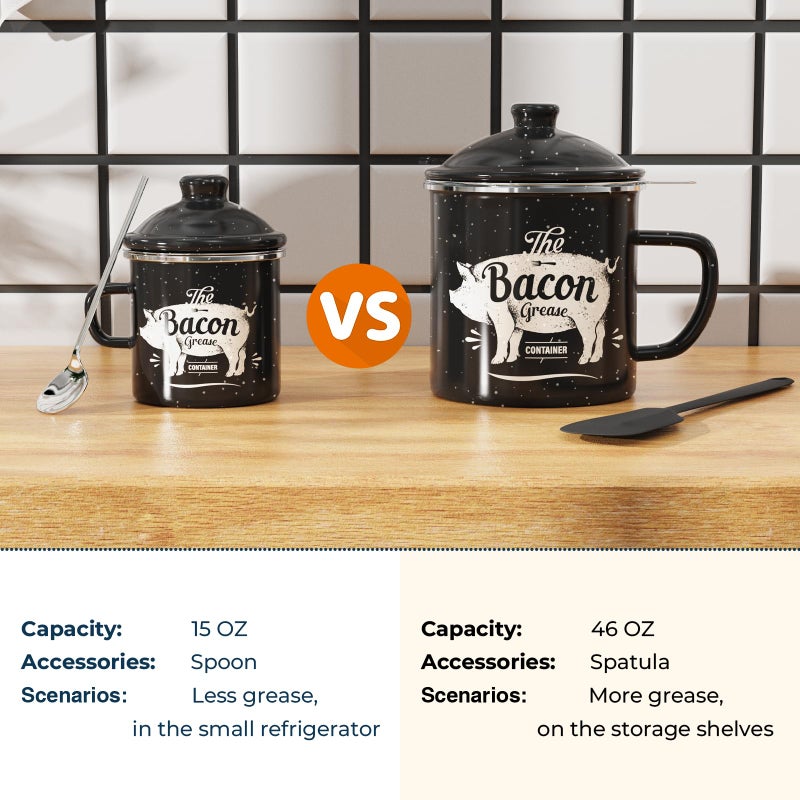 PGYARD Mini Bacon Grease Container With Strainer - 15OZ Enamel Grease Saver, Farmhouse Bacon Grease Keeper For Kitchen Fat Storage, Dishwasher Safe-Black - Image 3
