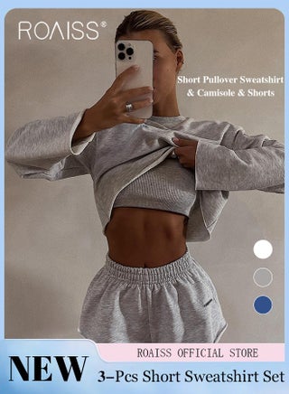 Women 3 Piece Set Round Neck Pullover Long Sleeve Sweatshirt & Anti Exposure Camisole Tank Top & Shorts Classic and Timeless Solid Color Design Loose Fit to Enhance the Figure - pzsku/Z20C0E62980105581C21AZ/45/1746230652/2c6b8e65-1969-4076-ad37-6a6016811b3d