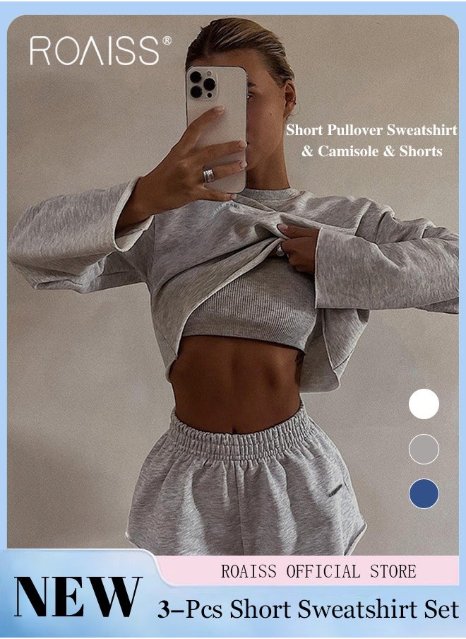 roaiss - Women 3 Piece Set Round Neck Pullover Long Sleeve Sweatshirt & Anti Exposure Camisole Tank Top & Shorts Classic and Timeless Solid Color Design Loose Fit to Enhance the Figure - Image 1