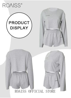 roaiss Women 3 Piece Set Round Neck Pullover Long Sleeve Sweatshirt & Anti Exposure Camisole Tank Top & Shorts Classic and Timeless Solid Color Design Loose Fit to Enhance the Figure  - Image 4