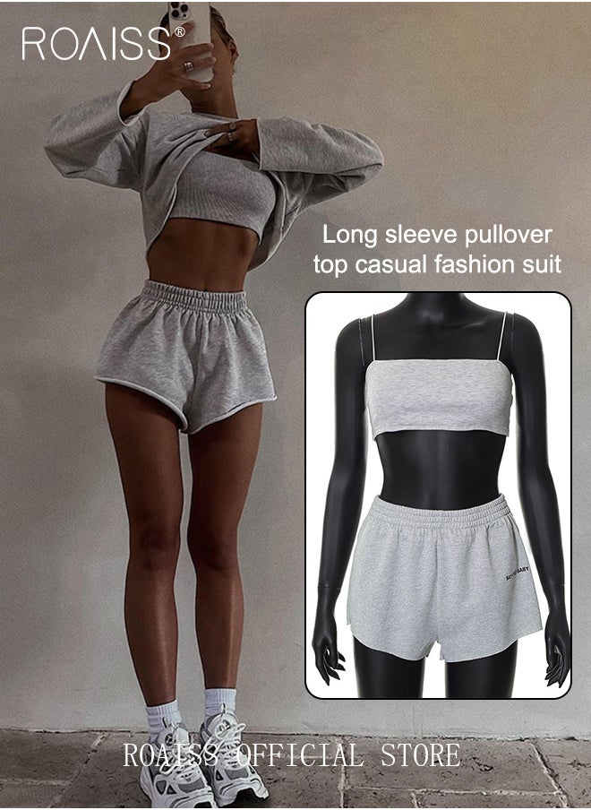 roaiss - Women 3 Piece Set Round Neck Pullover Long Sleeve Sweatshirt & Anti Exposure Camisole Tank Top & Shorts Classic and Timeless Solid Color Design Loose Fit to Enhance the Figure - Image 1