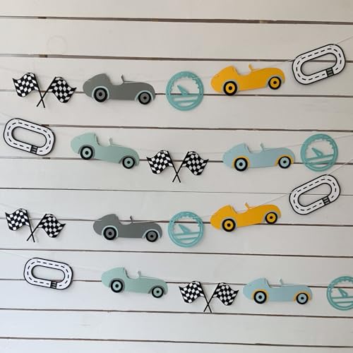 Pinfliers Car Theme Paper Bunting, A Set of 10 Pieces, Blue, Grey, Mint, Yellow, 62.5 inches in Length - Image 1