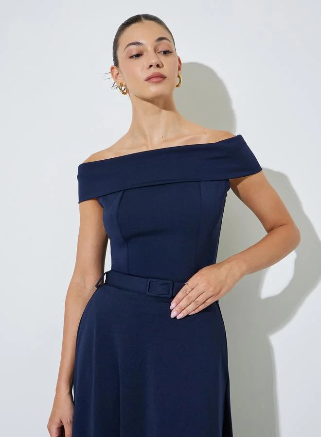 ستايلي Navy Blue Off Shoulder Fitted Knit Top