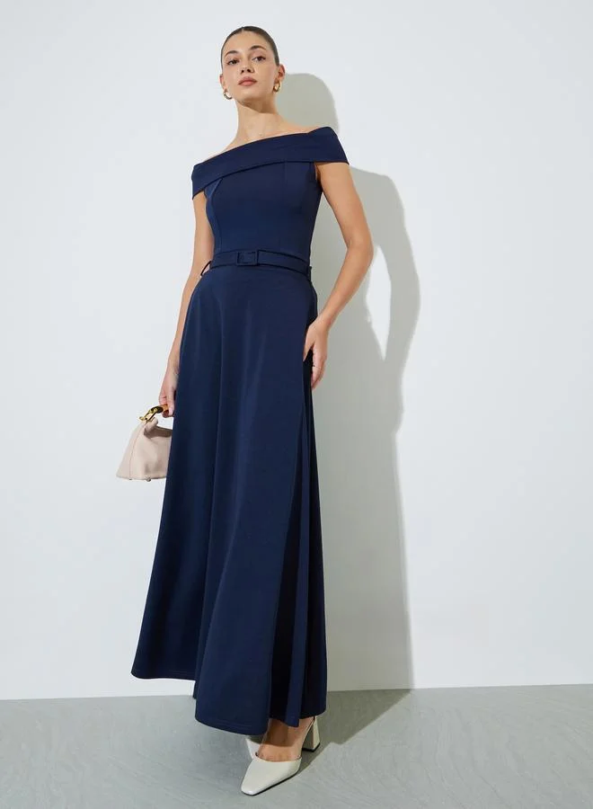 ستايلي Navy Blue Off Shoulder Fitted Knit Top