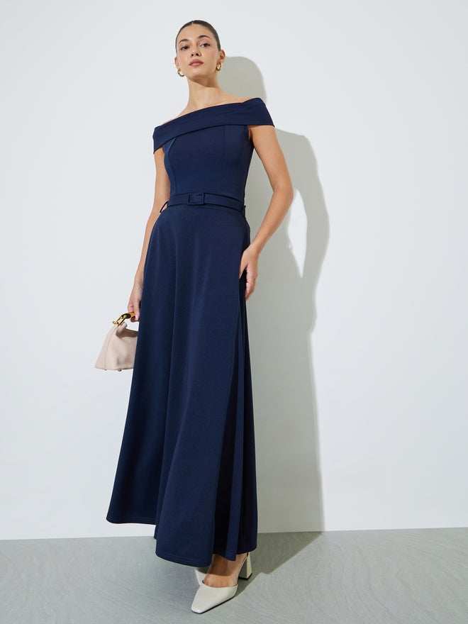 Styli Navy Blue Off Shoulder Fitted Knit Top - Image 2