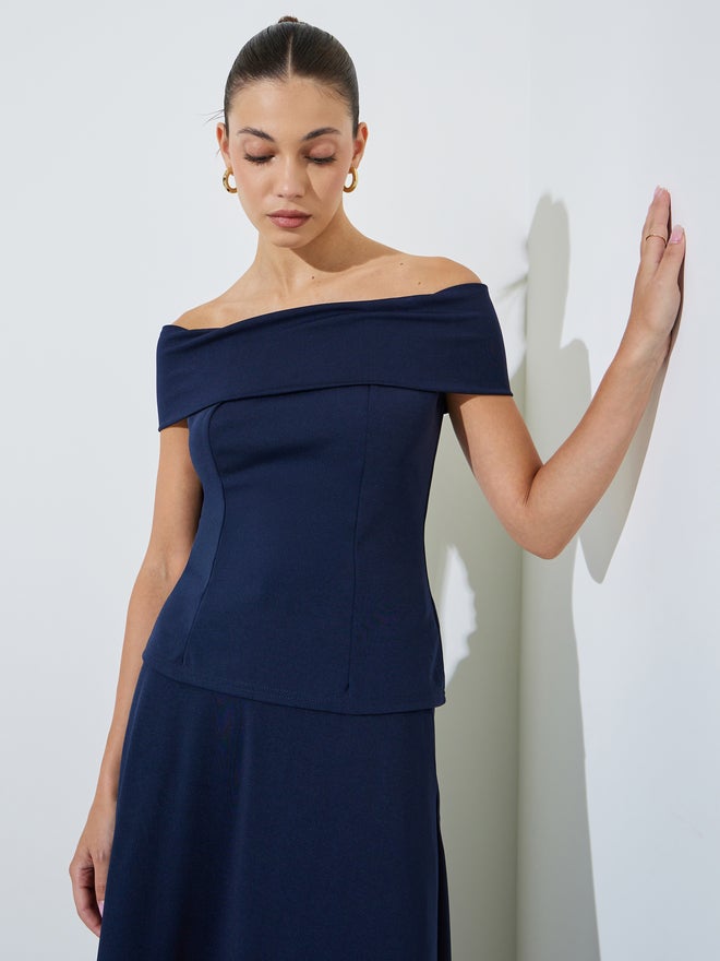 Styli Navy Blue Off Shoulder Fitted Knit Top - Image 3