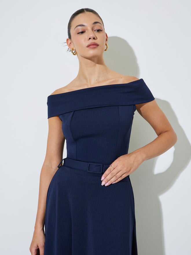 Styli Navy Blue Off Shoulder Fitted Knit Top - Image 1