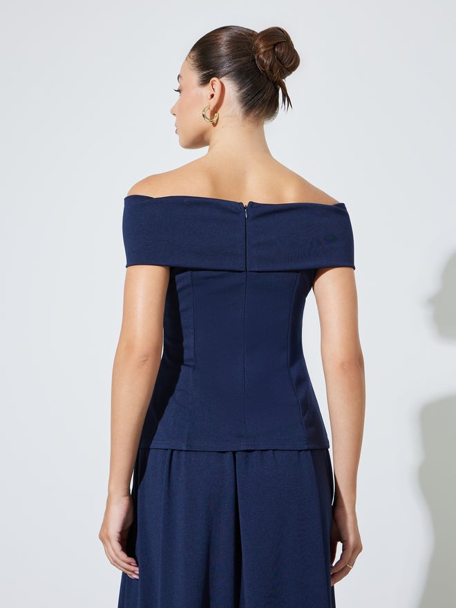 Styli Navy Blue Off Shoulder Fitted Knit Top - Image 5