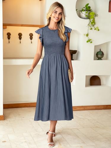 Simplee Apparel Simplee Womens Summer Linen Midi Dress Casual Flutter Short Sleeve A Line Smocked Dress Elegant Crewneck Flowy Dress with Pockets(Denim-Like Dark Blue L) - Image 4