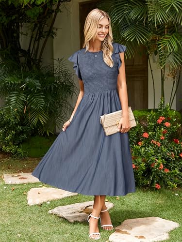 Simplee Apparel Simplee Womens Summer Linen Midi Dress Casual Flutter Short Sleeve A Line Smocked Dress Elegant Crewneck Flowy Dress with Pockets(Denim-Like Dark Blue L) - Image 2