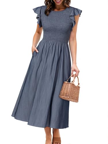 Simplee Apparel Simplee Womens Summer Linen Midi Dress Casual Flutter Short Sleeve A Line Smocked Dress Elegant Crewneck Flowy Dress with Pockets(Denim-Like Dark Blue L) - Image 1