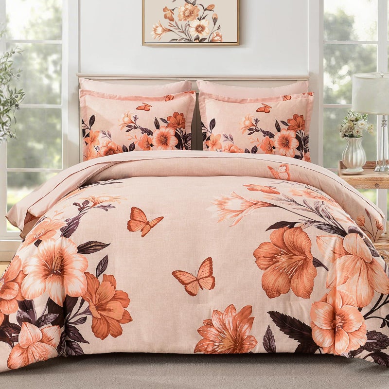 DHSFKBE Floral King Size Comforter Set,7 Piece Orange Bed in a Bag, Elegant Flower Pattern Comforter Set with Sheet, Soft Microfiber Complete Bedding Sets for All Season - Image 1