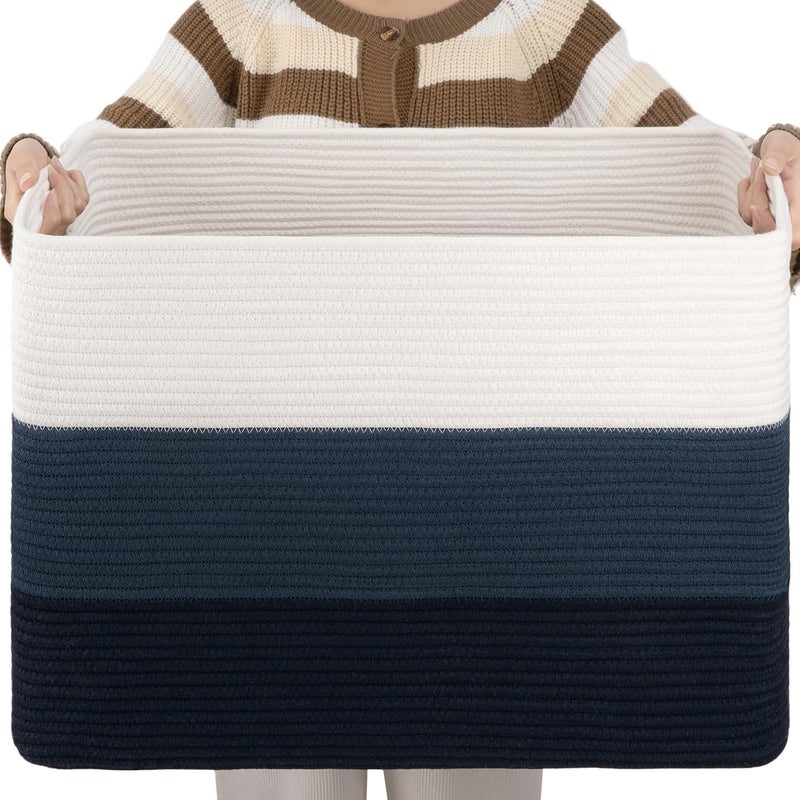 OIAHOMY Large Cotton Rope Basket - Rectangle Woven Storage for Nursery, Living Room - Toy Organizer With Handle - 24.8"x15.7"x15.7" - Gradient Blue - Image 1