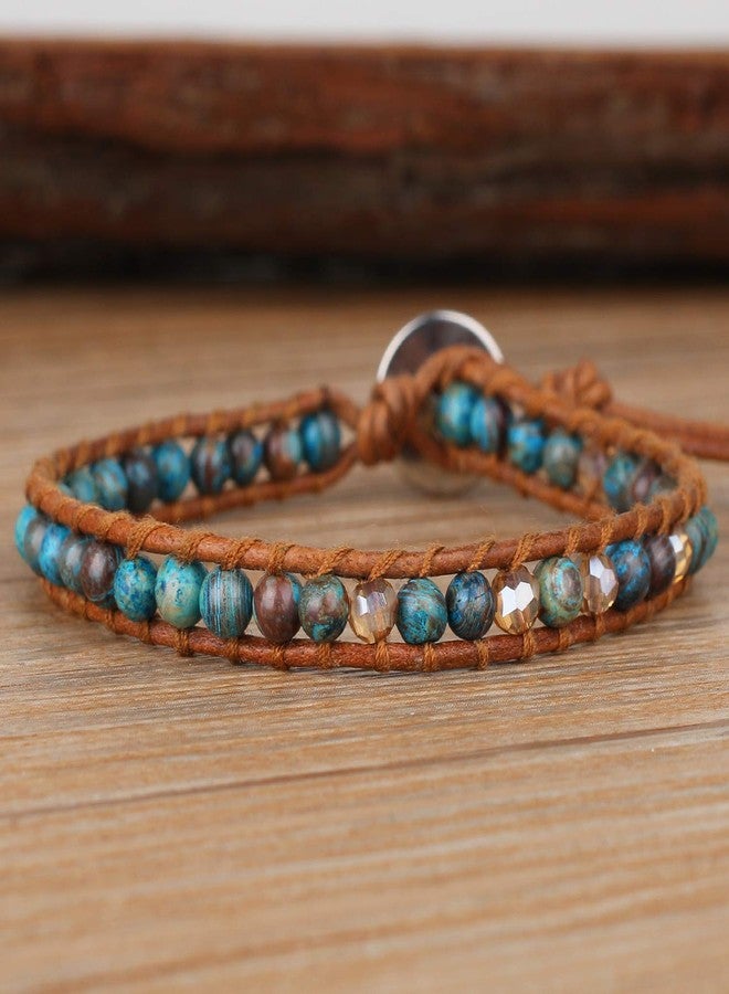 KELITCH Created Turquoise Crystal Mix Beaded Single Wrap Bracelet on Brown Leather Handwoven New Jewelry (Starry Sky 04) - Image 3